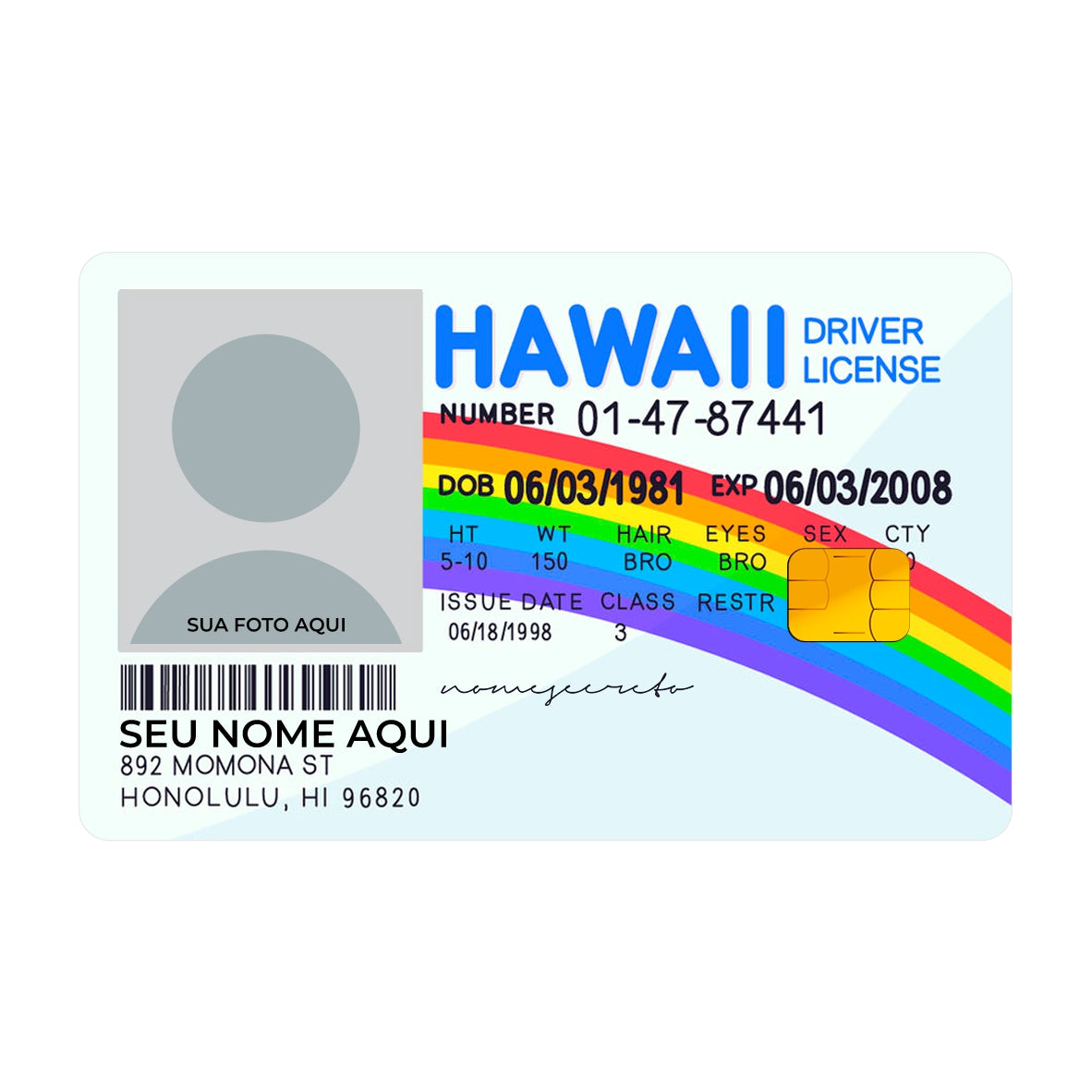 CAPACARD - Película Adesiva Para Cartão - Hawaii Driver License (Nome+Foto) CAPACARD - Película Adesiva Para Cartão - Hawaii Driver License (Nome+Foto)